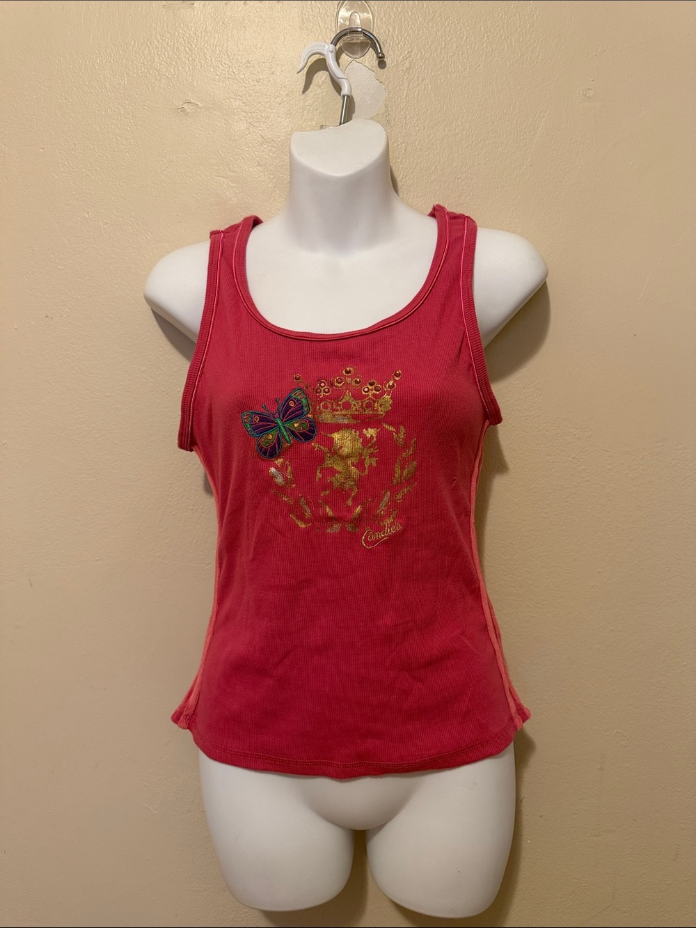 Candie's Hot Pink Tank Top with Gold Crest & Embroidered Butterfly